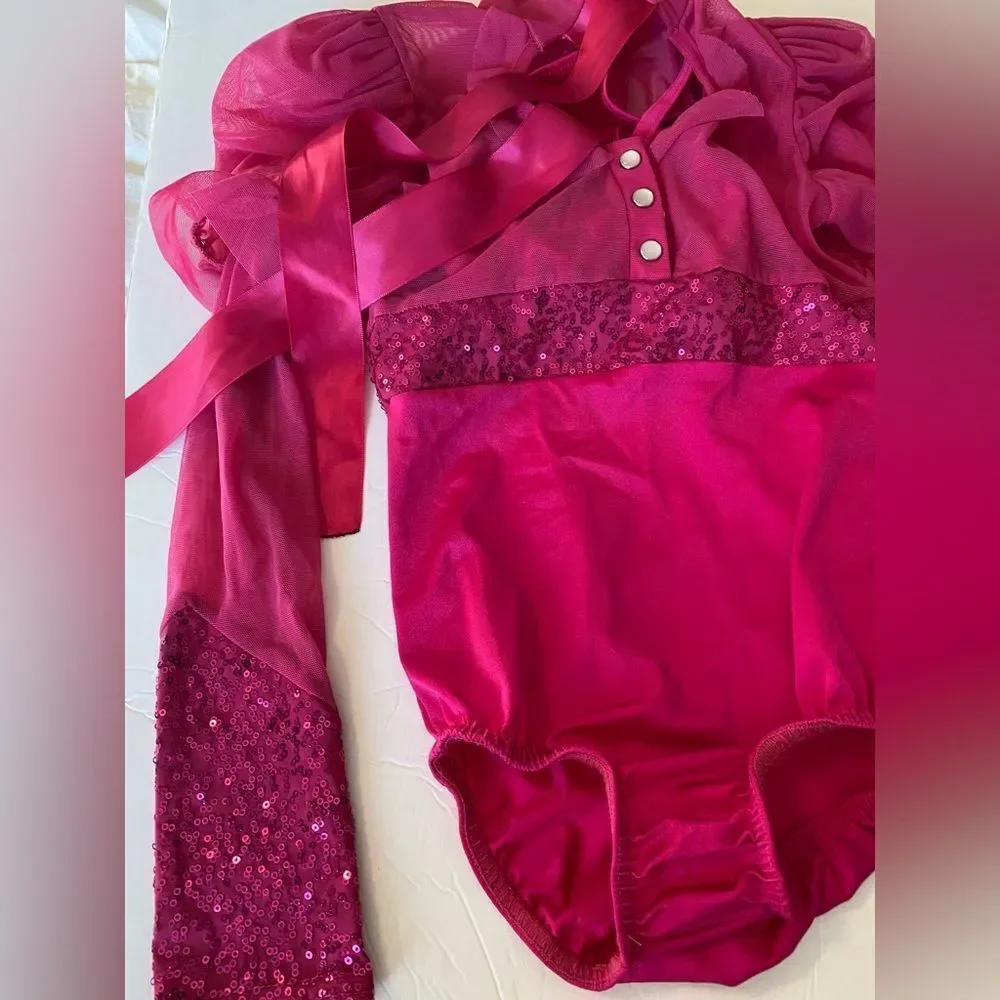 Kelle solo dance costume hot pink 2 piece leotard halter long sleeve mesh MC